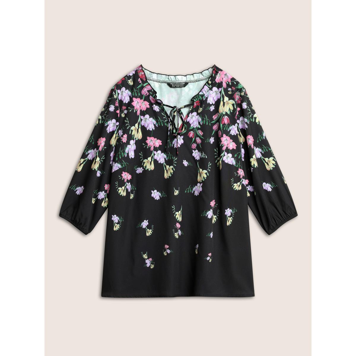 Plus Size Black Boho Print Tie Neck Frill Trim Blouse Women Elegant Elbow-length sleeve Notched collar Everyday Blouses BloomChic 14-16/1X Product Image
