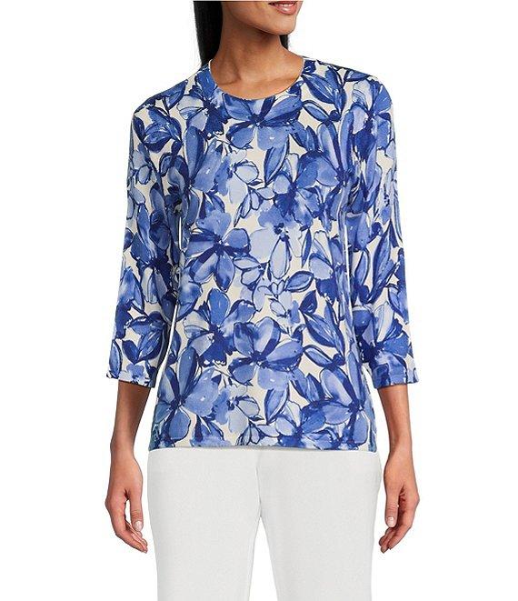 Investments Blue Floral Sketch 3/4 Sleeve Crew Neck Top Product Image