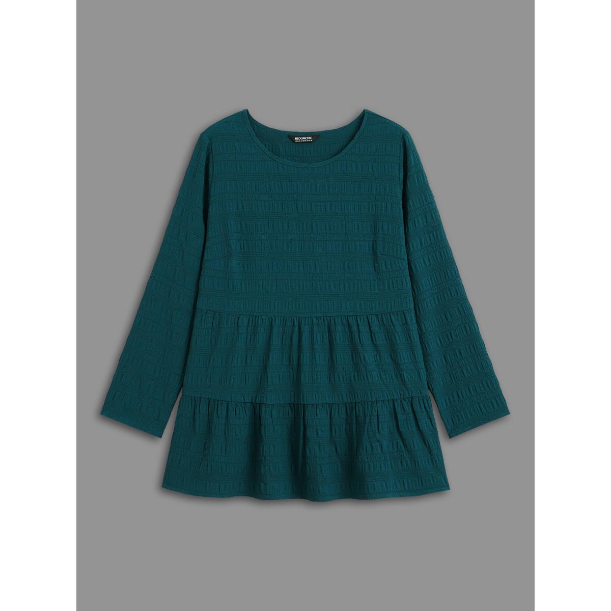 Plus Size Cyan Textured Round Neck Tiered Hem Blouse Women Casual Long Sleeve Round Neck Everyday Blouses BloomChic 28/5X Product Image