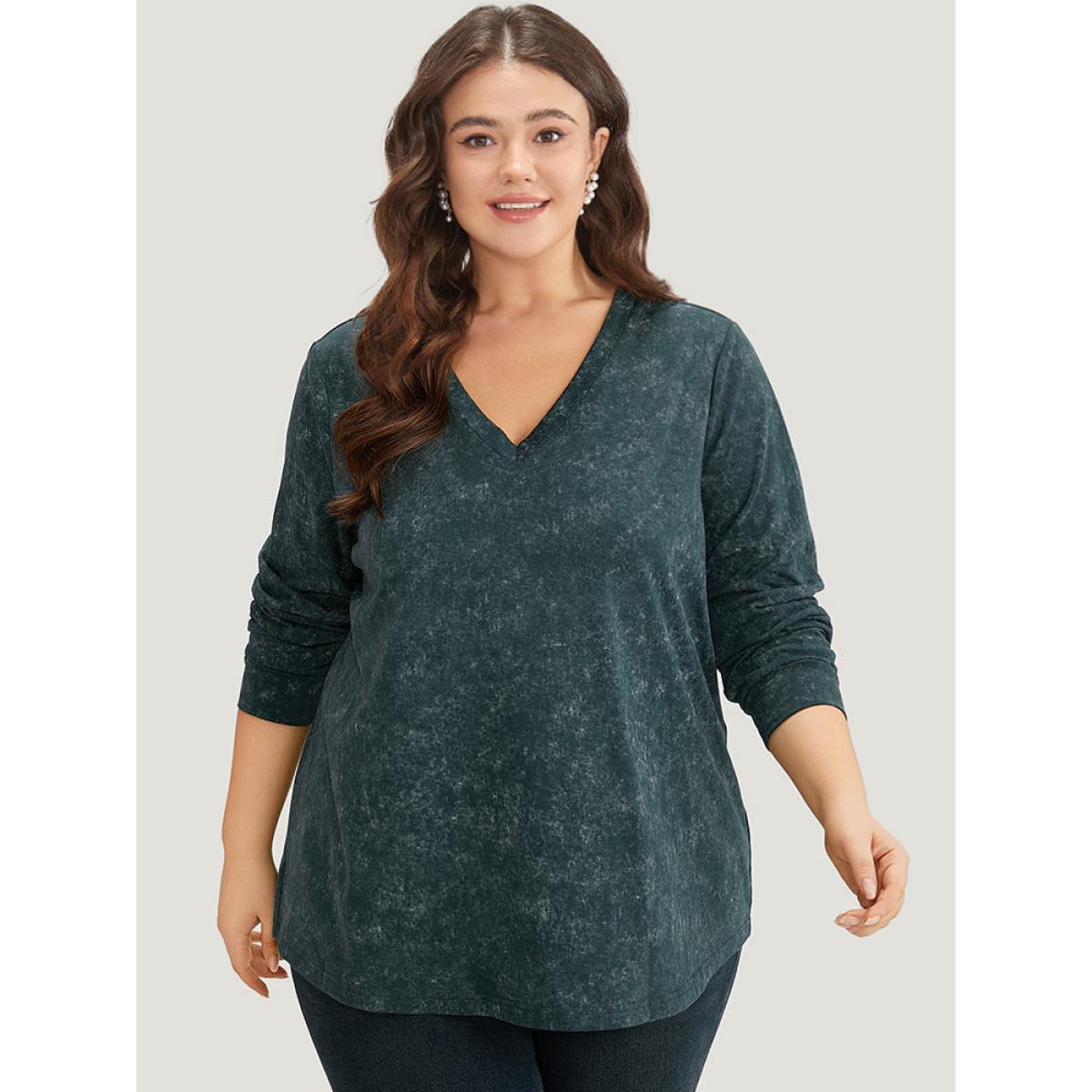 Plus Size Solid Vintage V Neck Sweatshirt Women Cyan Casual Plain V-neck Dailywear Sweatshirts BloomChic 12/L Product Image