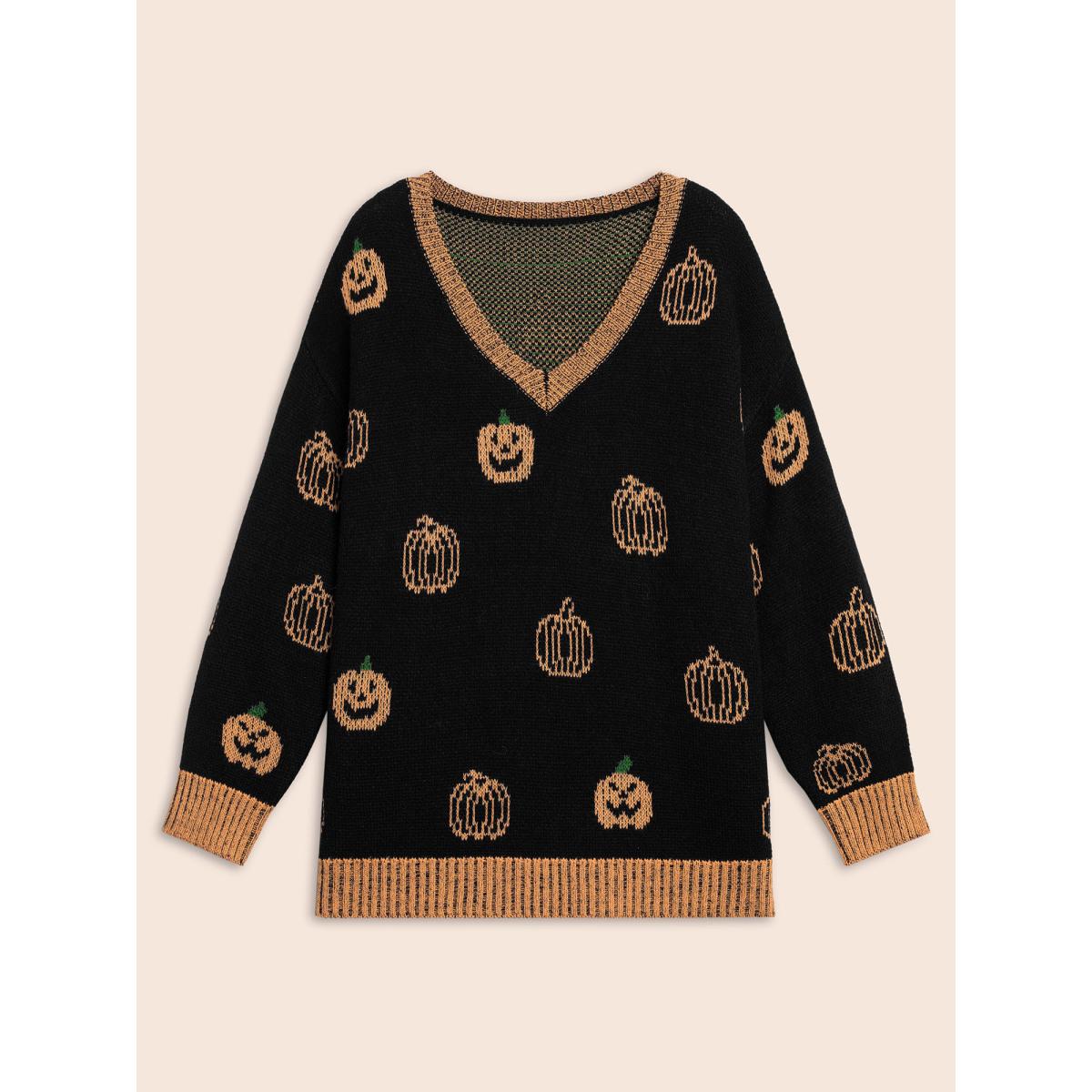 Plus Size Pumpkin Patch Contrasting Color Hemline Pullover Black Women Casual Loose Long Sleeve V-neck Everyday Pullovers BloomChic 12/L Product Image