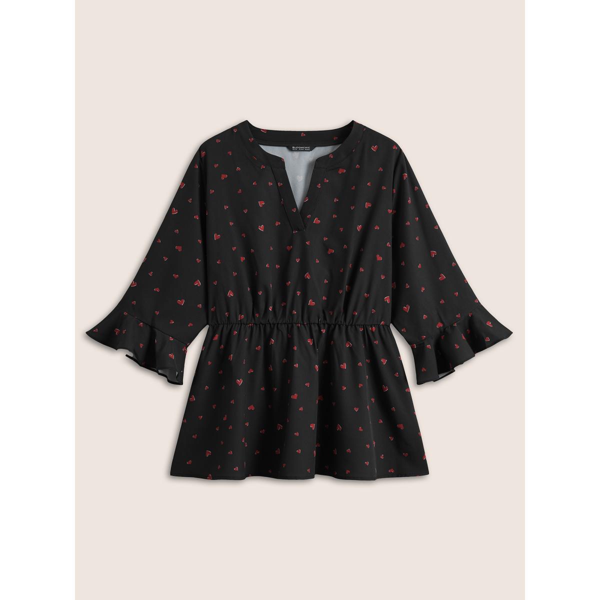Plus Size Black Heart Print Flutter Sleeve Elastic Waist Blouse Women Elegant Elbow-length sleeve V-neck Everyday Blouses BloomChic 10/M Product Image