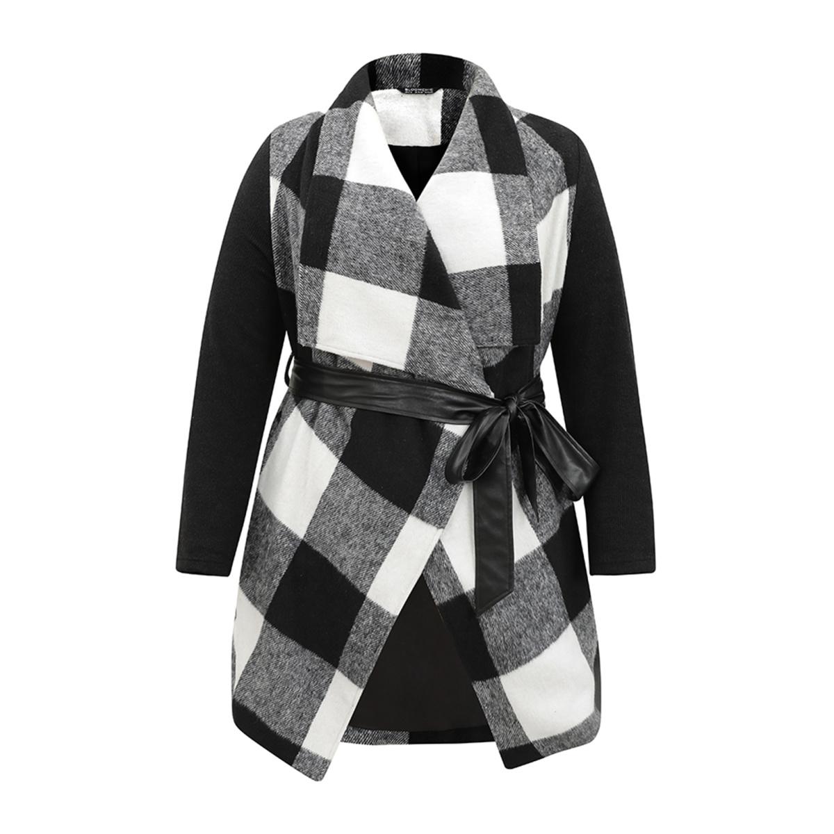 Plus Size Plaid Lapel Collar PU Leather Belted Coat Women Black Casual Belted Ladies Dailywear Winter Coats BloomChic 30/6X Product Image