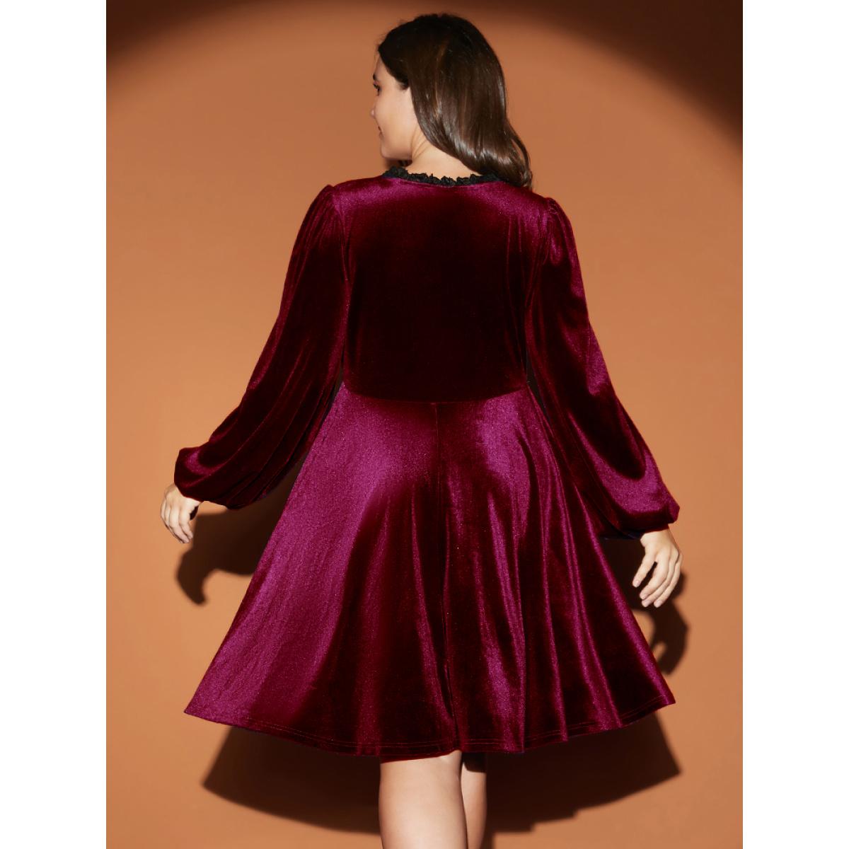 Solid Party High Waist Vintage Plus Size Women Knee Dress Going out Plain Pocket Moderately Stretchy Lantern Sleeve Long Sleeve V Neck Glamour Dresses BloomChic Product Image