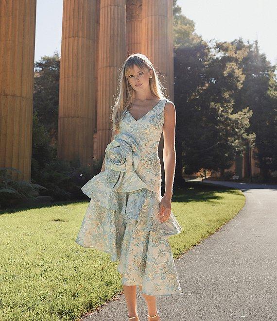 Mac Duggal V-Neck Rose Applique Detail Asymmetrical Drop Waist Ruffle Hem Midi Dress Product Image