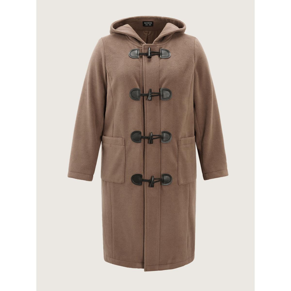Plus Size Hooded Relaxed-Fit Horn Button Long Coat Women Browncoffeecolor Leisure Button Ladies Casual Winter Coats BloomChic 12/L Product Image