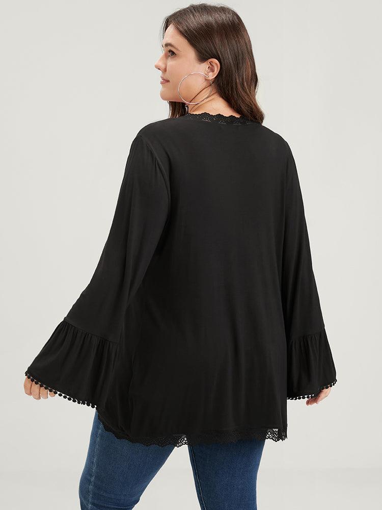 Solid Ruffle Sleeve Lace Trim Coat Female Product Image