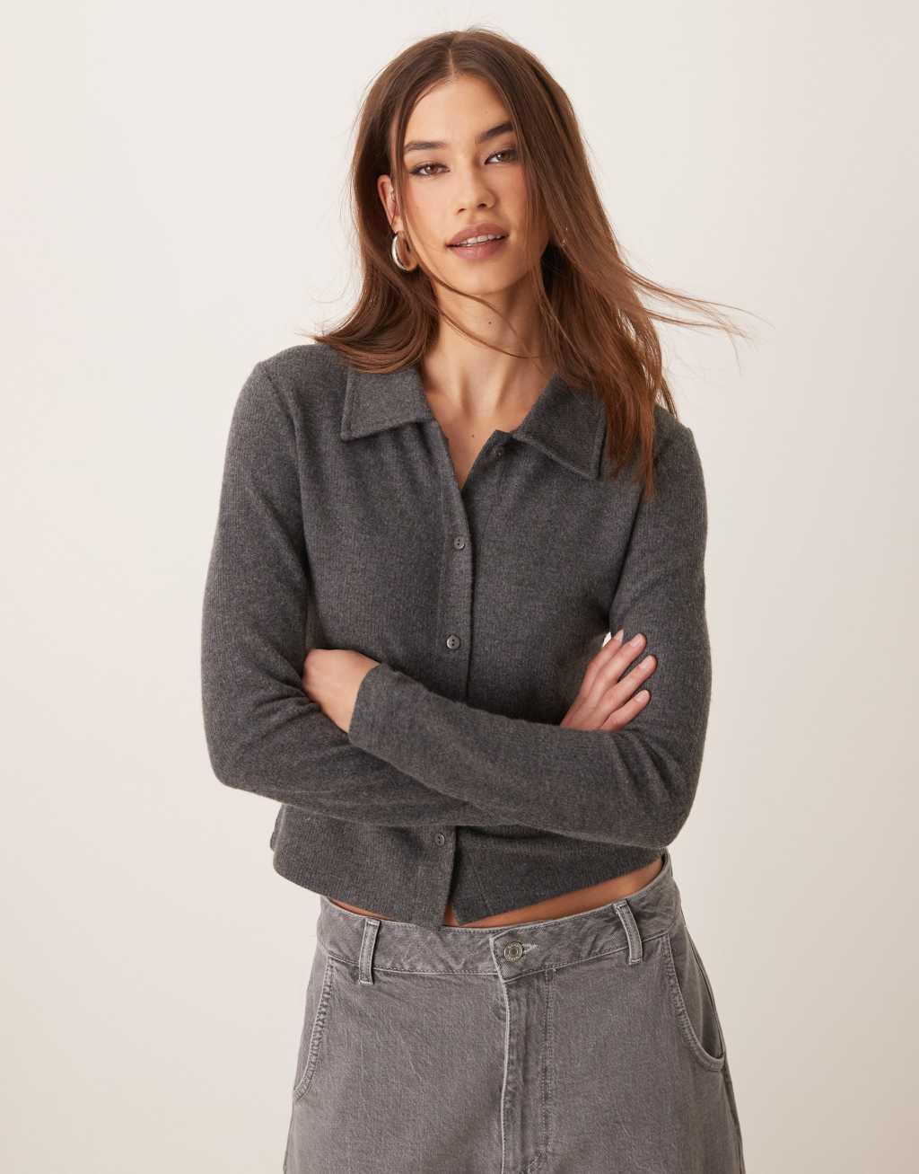 ASOS DESIGN supersoft button up cardigan with collar detail in gray Product Image