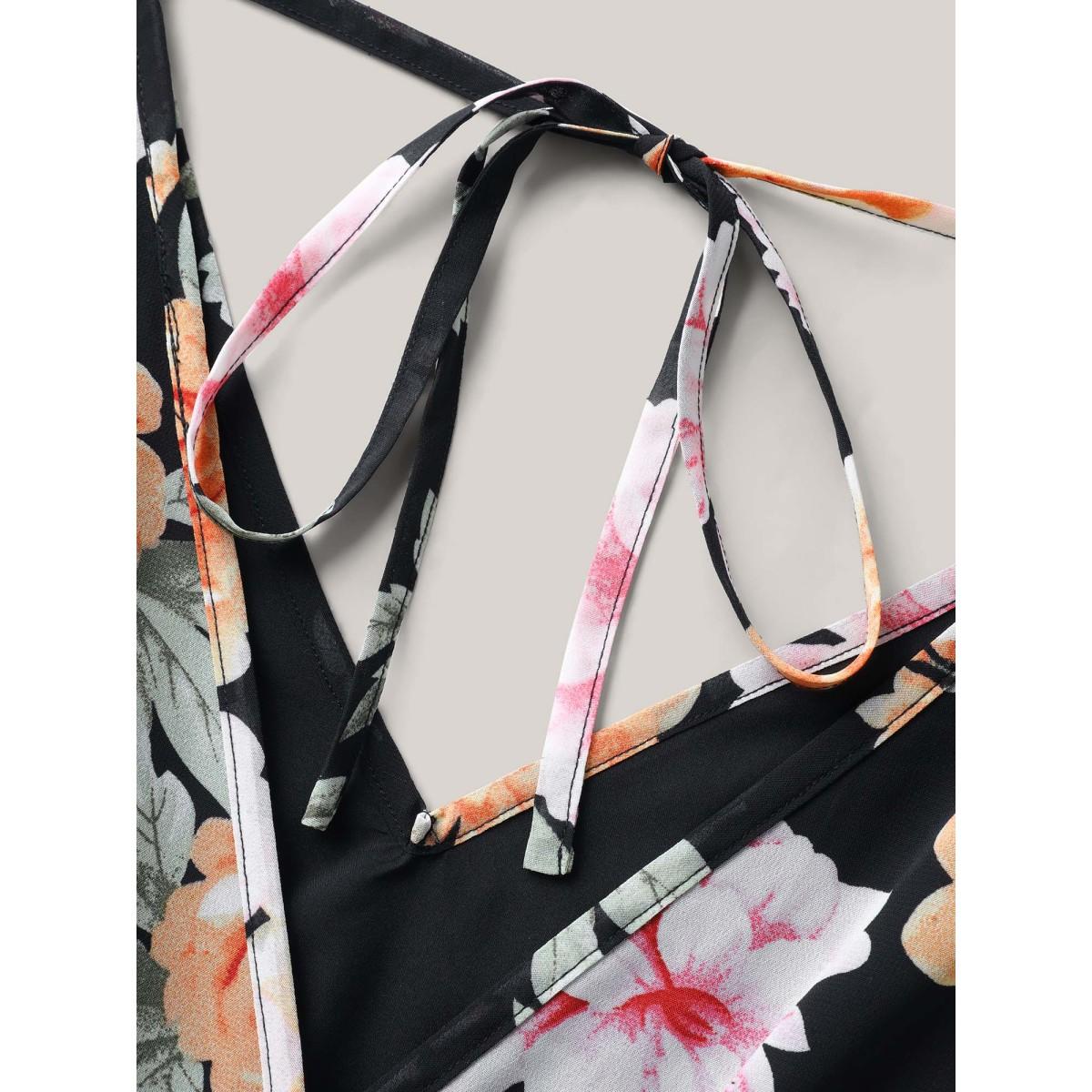 Plus Size Black Floral Layered Open-Front Romper Women Short sleeve V-neck Everyday-Elegant Loose Jumpsuits BloomChic 14-16/1X Product Image