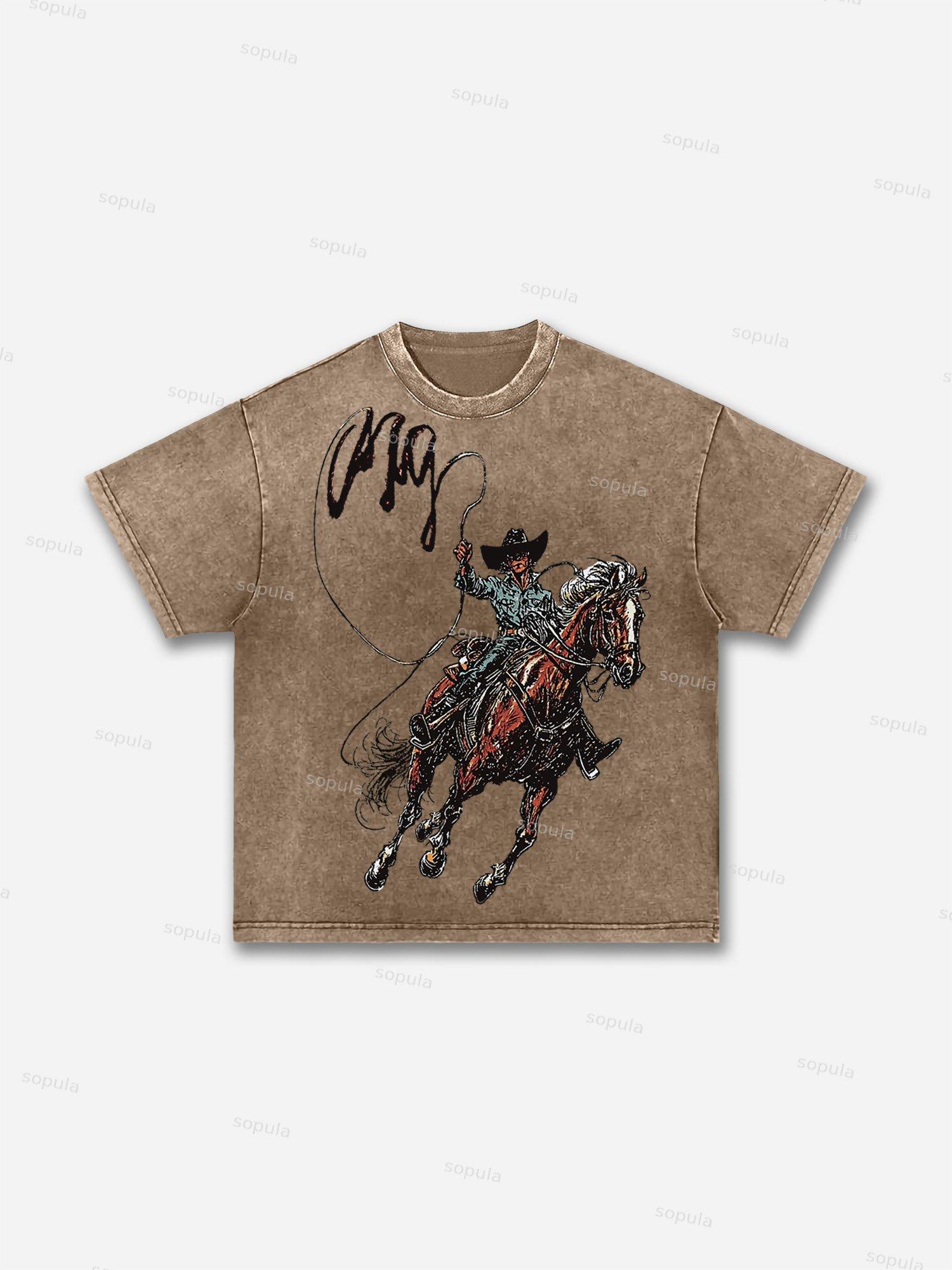 Men's Vintage Western Cowboy Graphic Acid Wash T-shirt Product Image