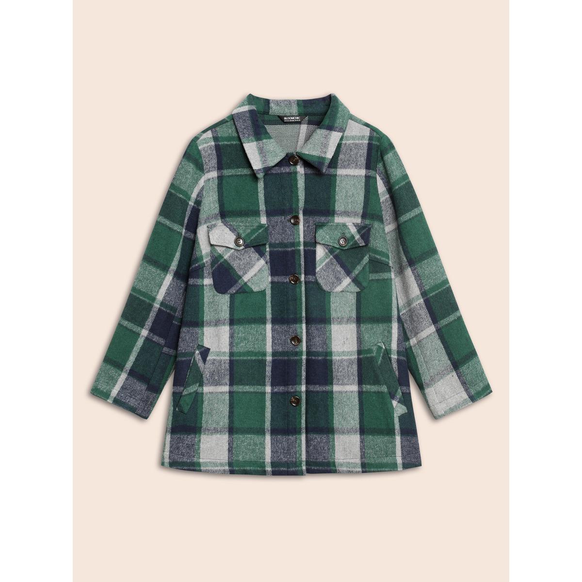 Plus Size Plaid Shirt Collar Patched Pocket Jacket Women DarkGreen Button Loose Slanted pocket Everyday Jackets BloomChic 28/5X Product Image