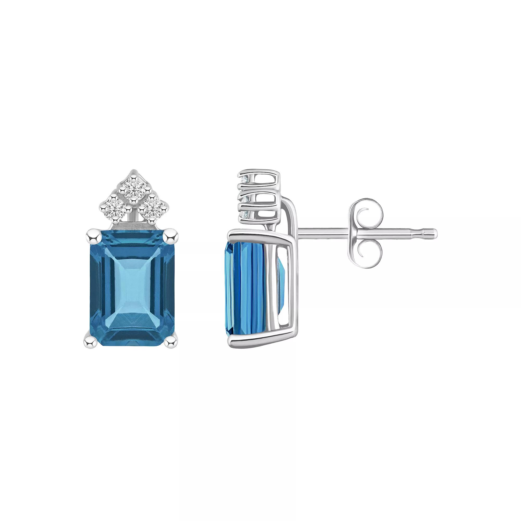 Celebration Gems 14k White Gold Gemstone & 1/10 Carat T.W. Diamond Stud Earrings, Women's, London Blue Topaz Product Image