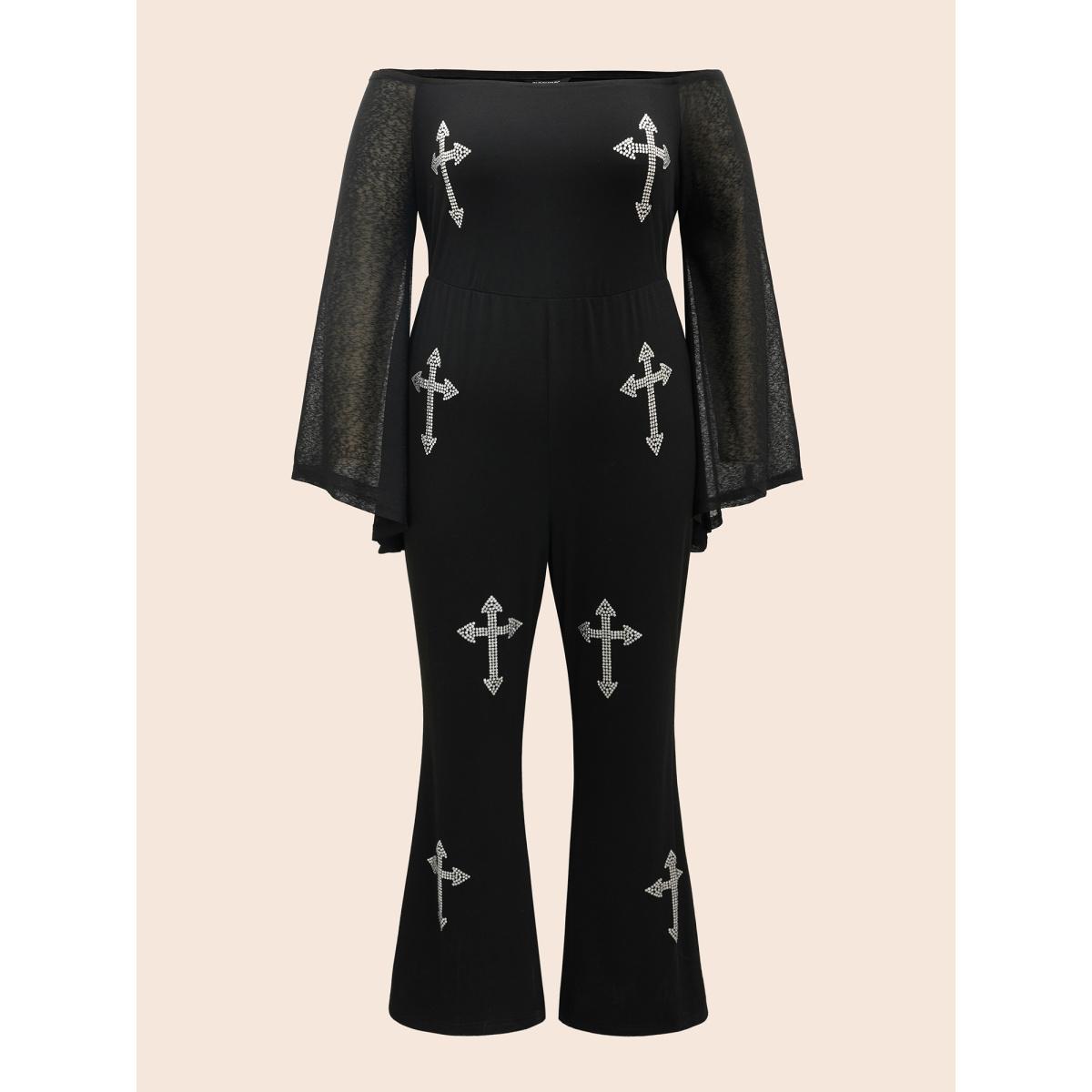 Plus Size Black Gothic Glam Off-Shoulder Waist-Cinching Jumpsuit Women Cocktail Extra Long Sleeve One-shoulder neck Party Loose Jumpsuits BloomChic 22-24/3X Product Image