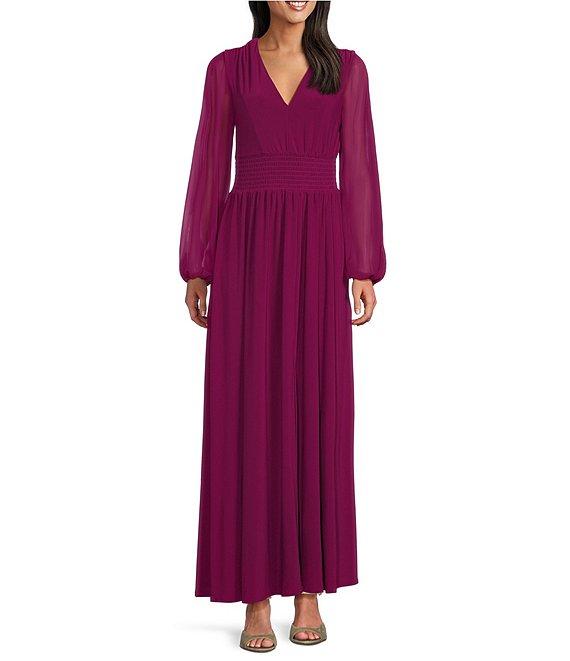 Marina Long Illusion Sleeve V-Neck Chiffon Maxi Dress Product Image
