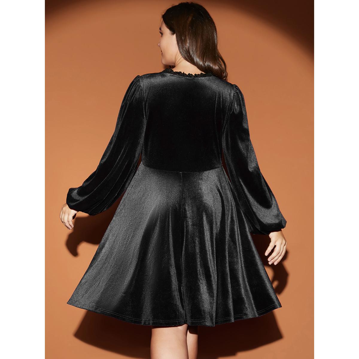 Solid Party High Waist Vintage Plus Size Women Knee Dress Going out Plain Pocket Moderately Stretchy Lantern Sleeve Long Sleeve V Neck Glamour Dresses BloomChic Product Image