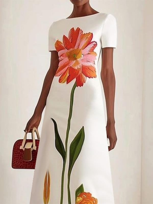 Short Sleeves Flower Print Boat Neck Maxi Dresses Product Image