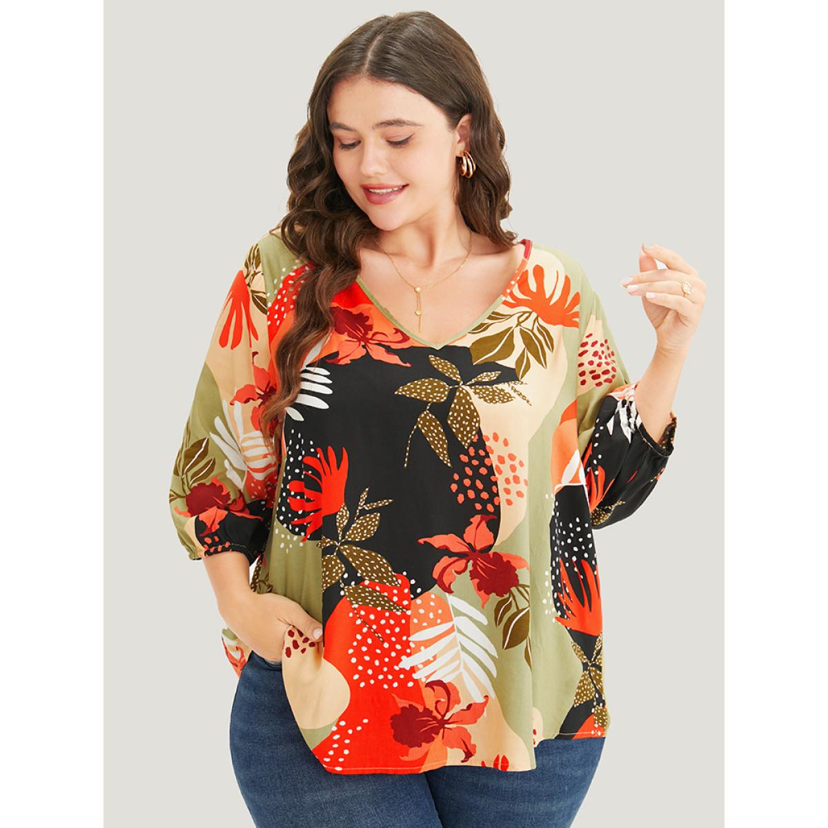 Plus Size BlackFlower Plant Print Lantern Sleeve V Neck Blouse Women Vacation Elbow-length sleeve V-neck Dailywear Blouses BloomChic 10/M Product Image