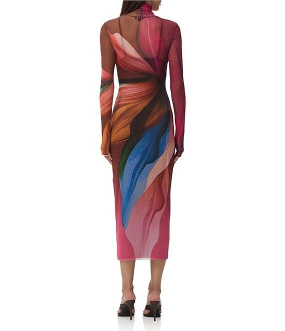 AFRM Shailene Lotus Leaf Print Turtleneck Long Sleeve Mesh Midi Dress Product Image