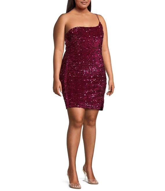 Midnight Doll Plus One-Shoulder Sleeveless Sequin Velvet Bodycon Dress Product Image