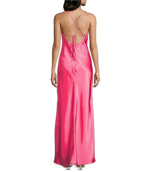 Morgan & Co. Sleeveless Long Spaghetti Strap Charmeuse Draped Front And X Back Long Dress Product Image