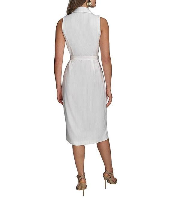 Donna Karan Pinstripe Collared V-Neck Sleeveless Tie Sash Midi Sheath Dress Product Image
