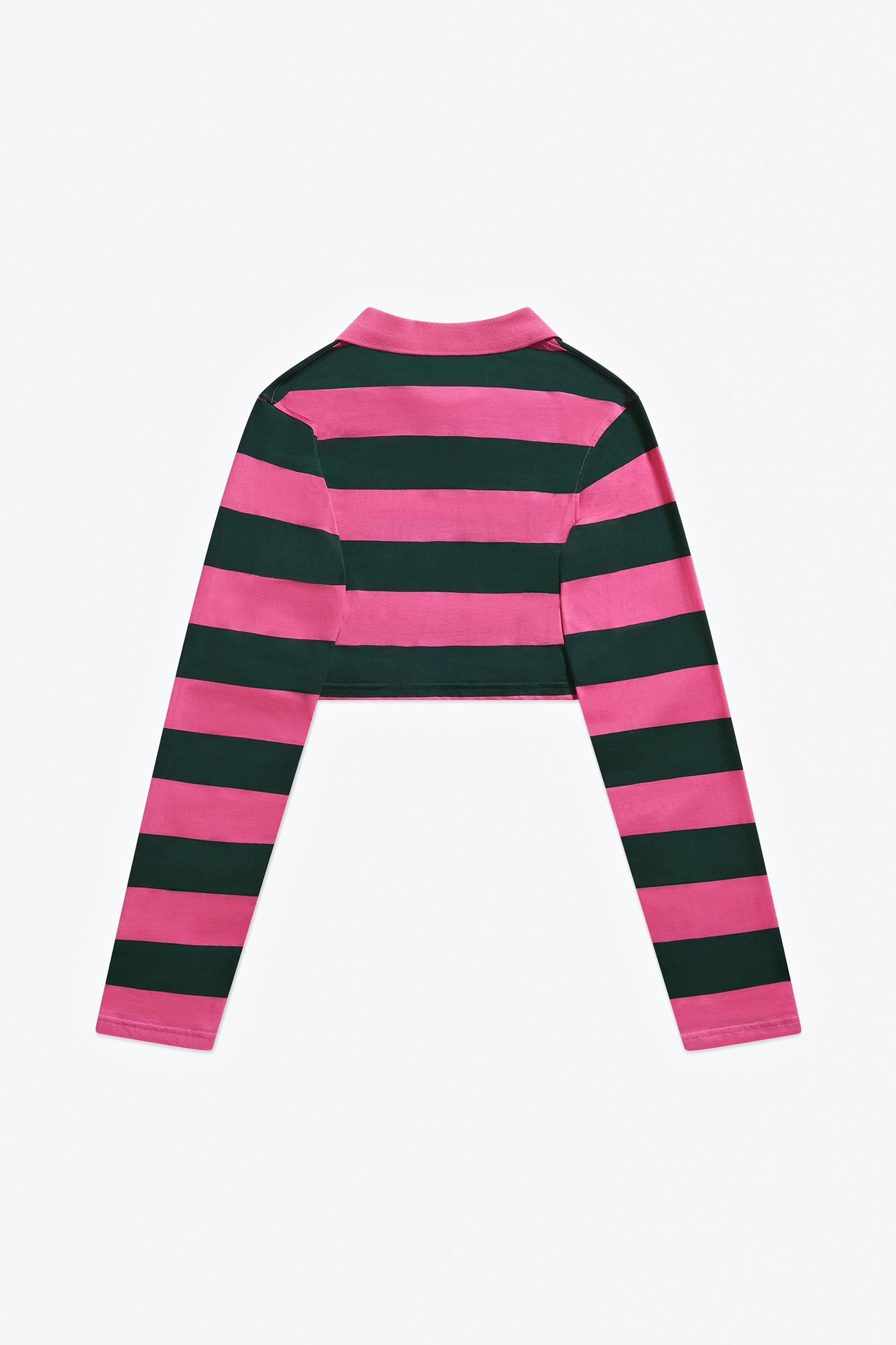 Embroidered Flower Rugby Stripe Long Sleeve Cropped Polo Product Image