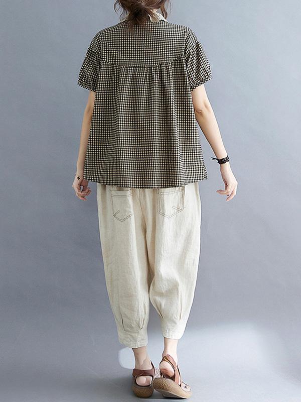 Cotton Blend Plaid Polo Puff Sleeve T-Shirts Tops Product Image