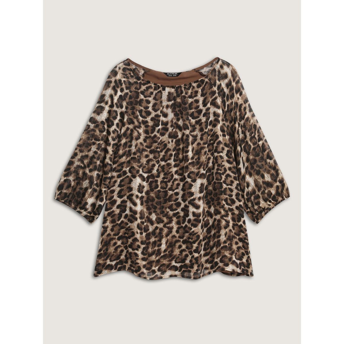 Plus Size DarkBrown Leopard Print Gathered Neckline Blouse Women Retro Elbow-length sleeve Round Neck Elegant Blouses BloomChic 22-24/3X Product Image