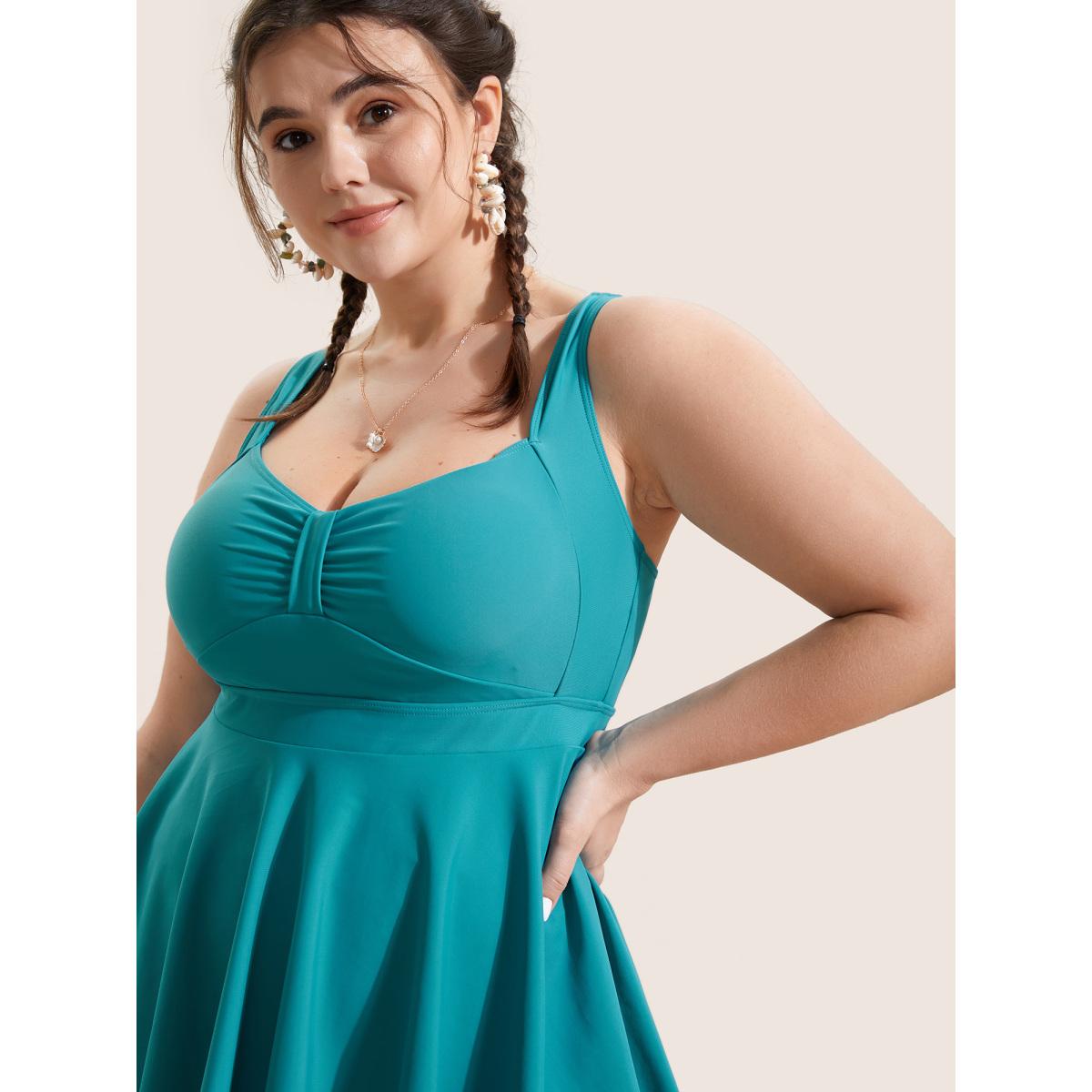 Plus Size Solid Heart Neckline Ruched Swim Top Women's Swimwear Arctic Beach Gathered High stretch Bodycon Heart neckline Curve Swim Tops BloomChic 18-20/2X Product Image