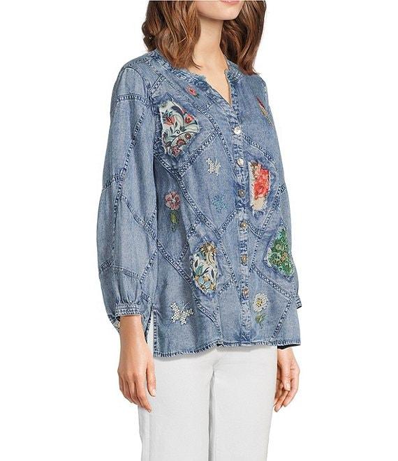 John Mark Floral Butterfly Embroidered Patch Print Y-Neck 3/4 Sleeves High-Low Hem Button Front Tunic Product Image