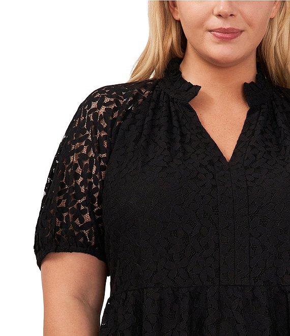 CeCe Plus Size Lace V-Neck Short Puff Sleeve Tiered Babydoll Mini Dress Product Image