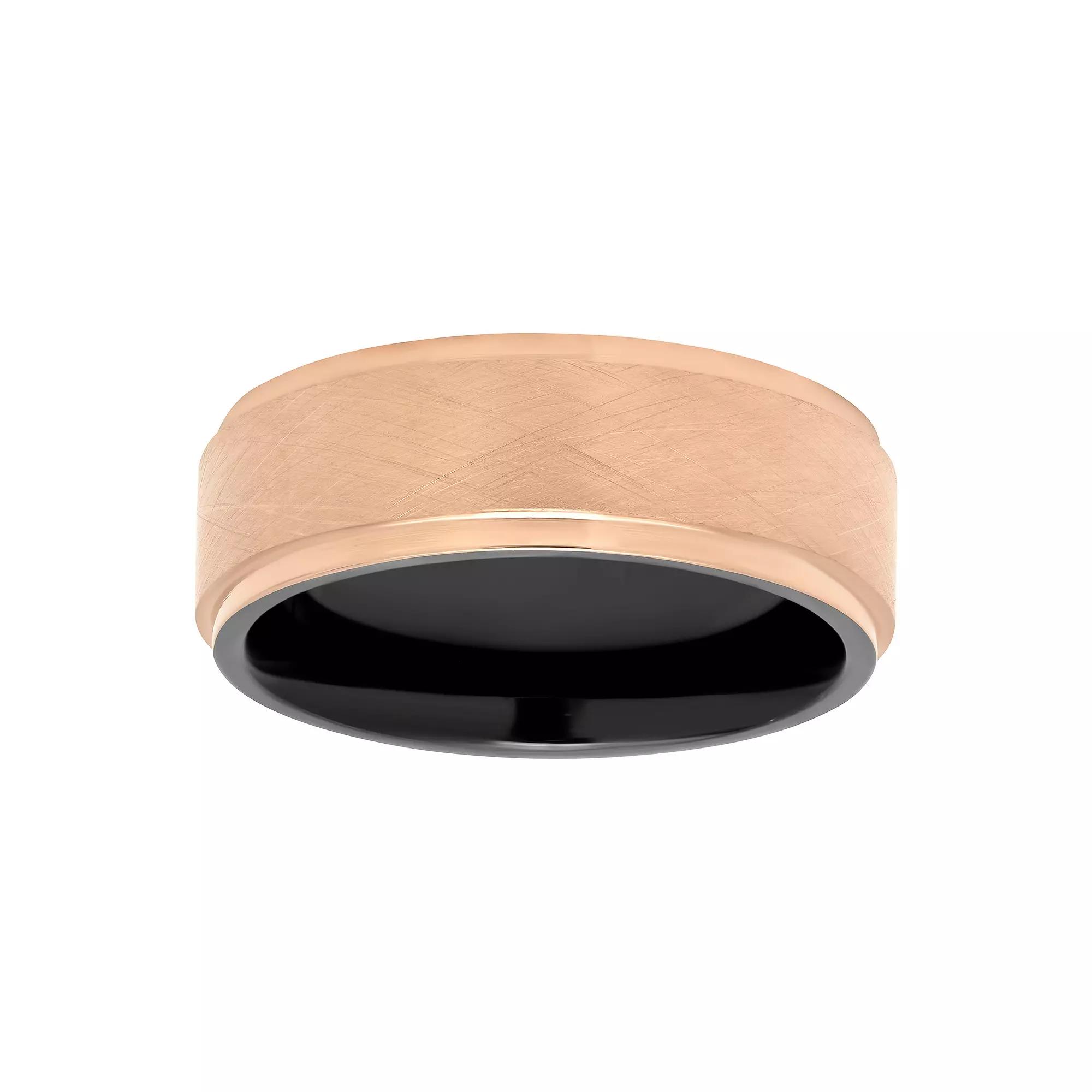 Men's Rose Gold Tone & Black Stainless Steel Step Edge Wedding Band, Size: 9.50, Pink Tone Product Image