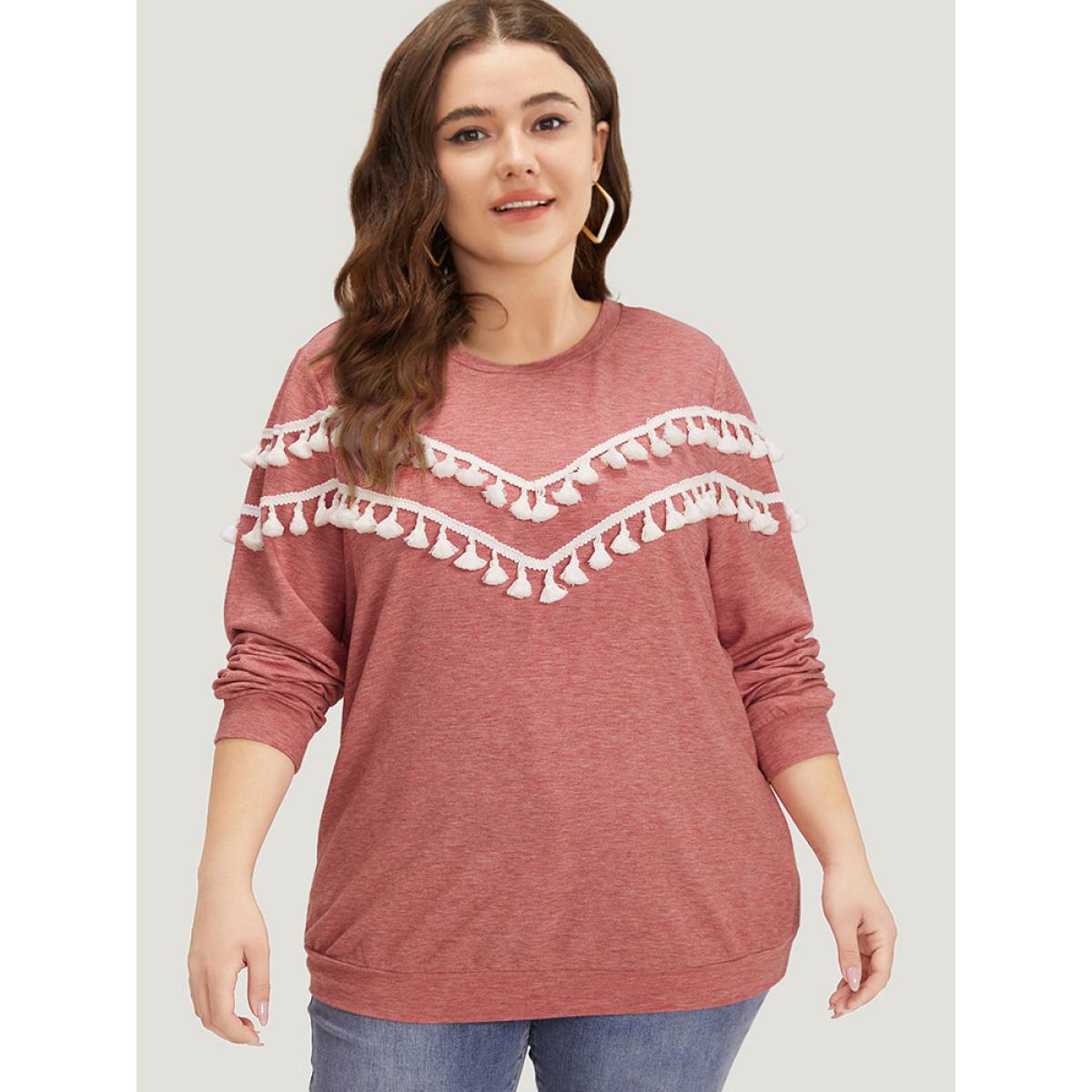 Plus Size plain Heather Crew Neck Tassel Trim Sweatshirt Women Russet Elegant Elastic cuffs Round Neck Dailywear Sweatshirts BloomChic 12/L Product Image