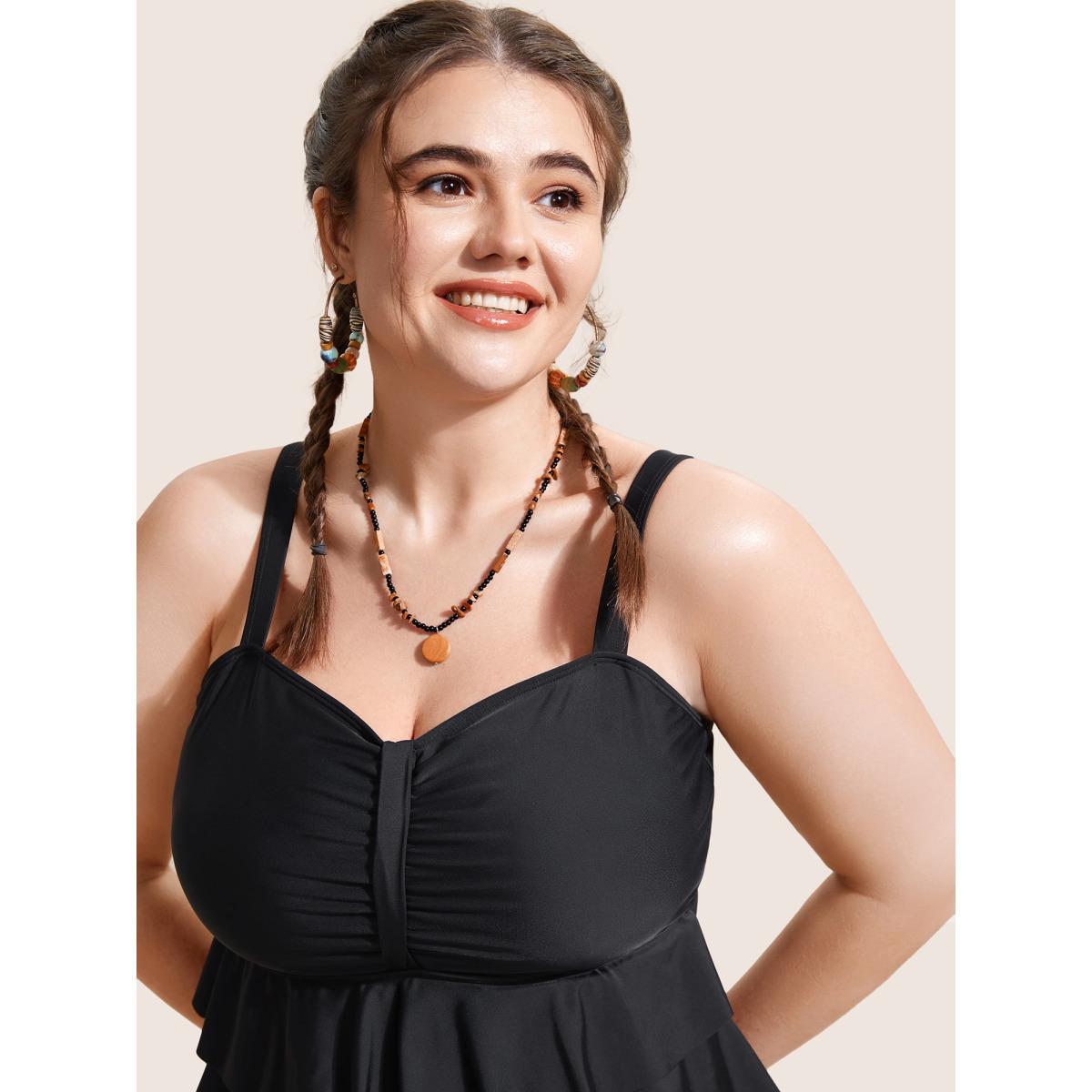 Plus Size Solid Tiered Ruffles Ruched One Piece Swimsuit Women's Swimwear Black Beach Gathered Curve Bathing Suits High stretch One Pieces BloomChic 28/5X Product Image