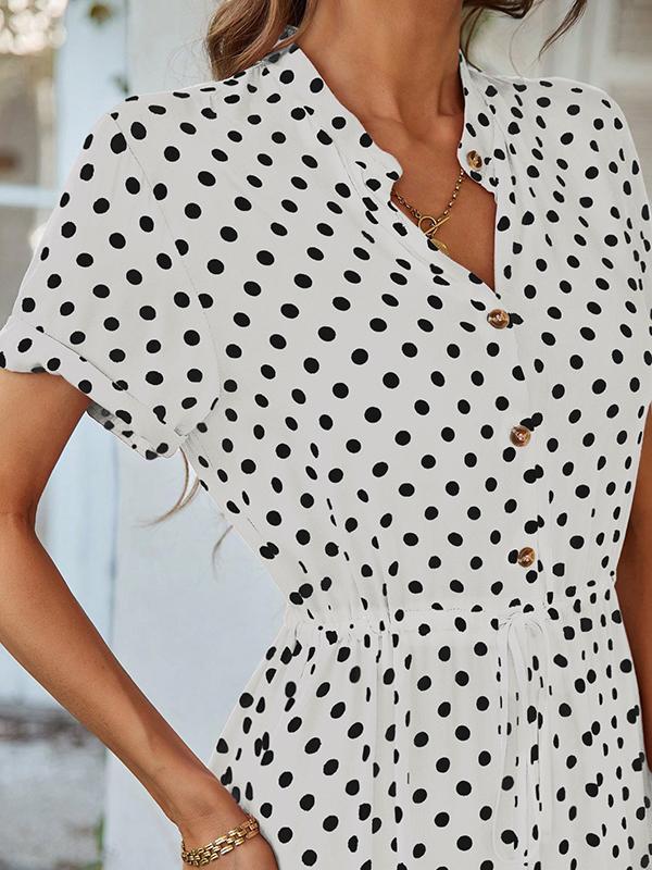 A-Line High Waisted Buttoned Drawstring Polka-Dot V-Neck Midi Dresses Product Image