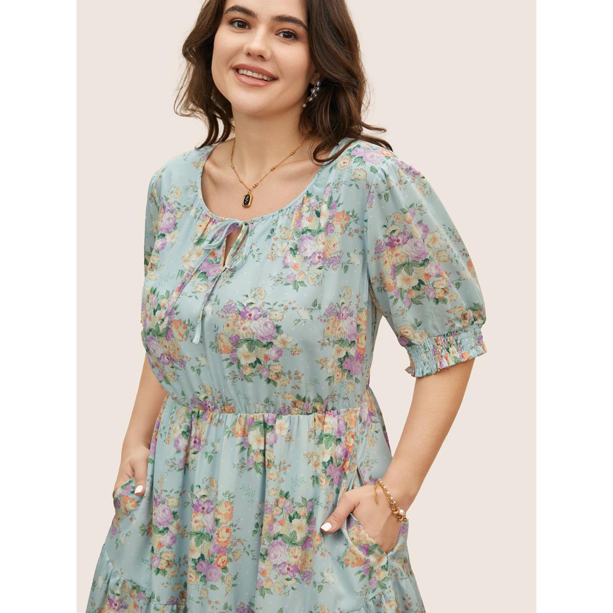 Plus Size Floral Shirred Tie Knot Lantern Sleeve Dress LightBlue Women Elegant Tie knot Notched collar Half Sleeve Curvy BloomChic 26/4X Product Image