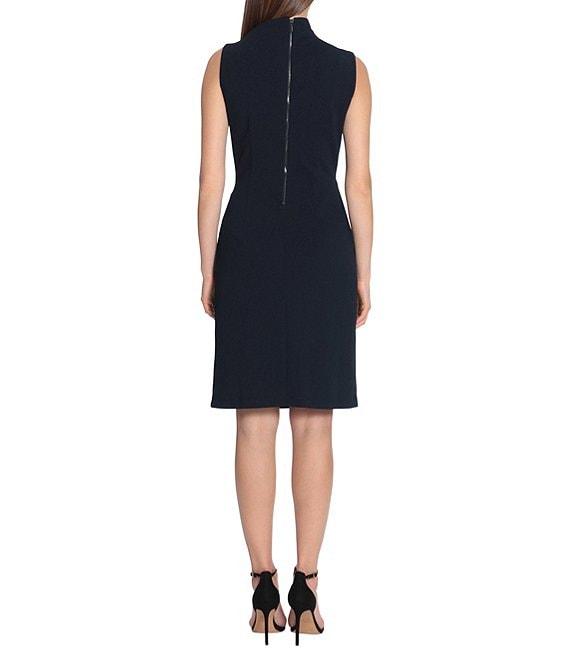 Maggy London Asymmetrical Neck Sleeveless Draped Scuba Crepe Sheath Dress Product Image
