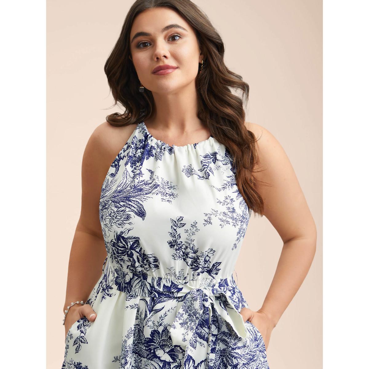 Plus Size Spring Time Florals Sleeveless Midi Dress WhiteSmoke Women Romantic Gathered Halter neck Sleeveless Curvy BloomChic 18-20/2X Product Image