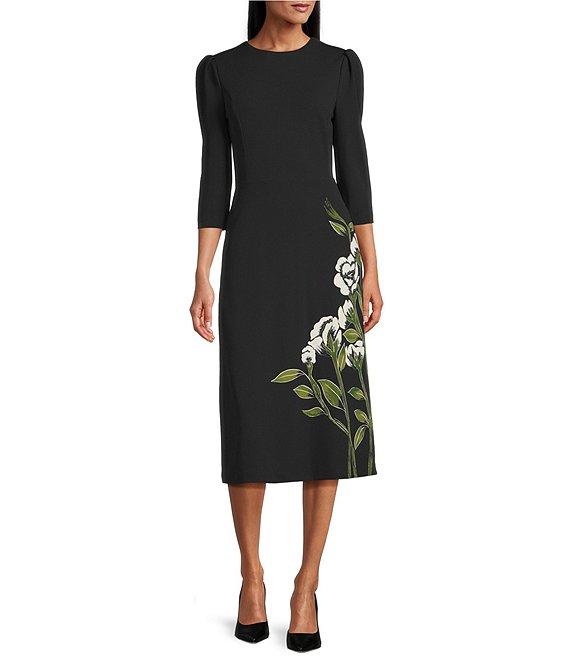 Investments Scuba Crepe Floral Bouquet 3/4 Sleeve Fit And Flare Dress Product Image