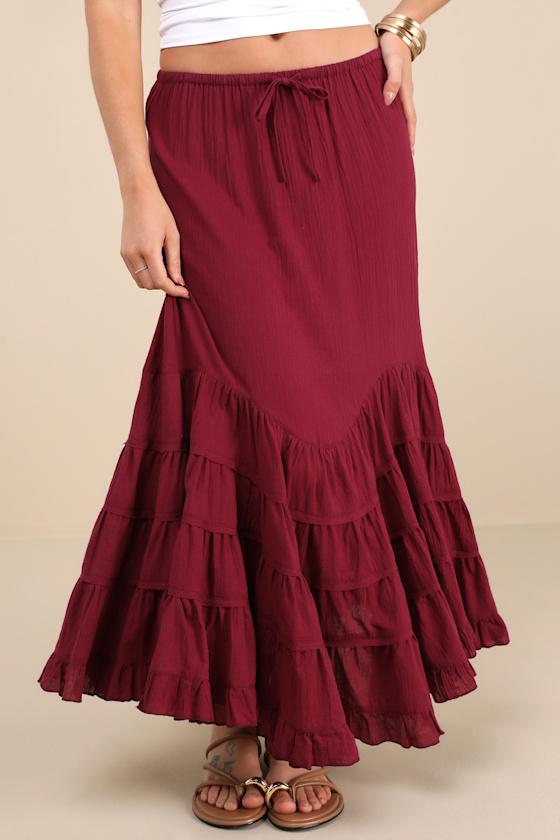Bedelia Dark Red Tiered Drawstring Maxi Skirt Product Image