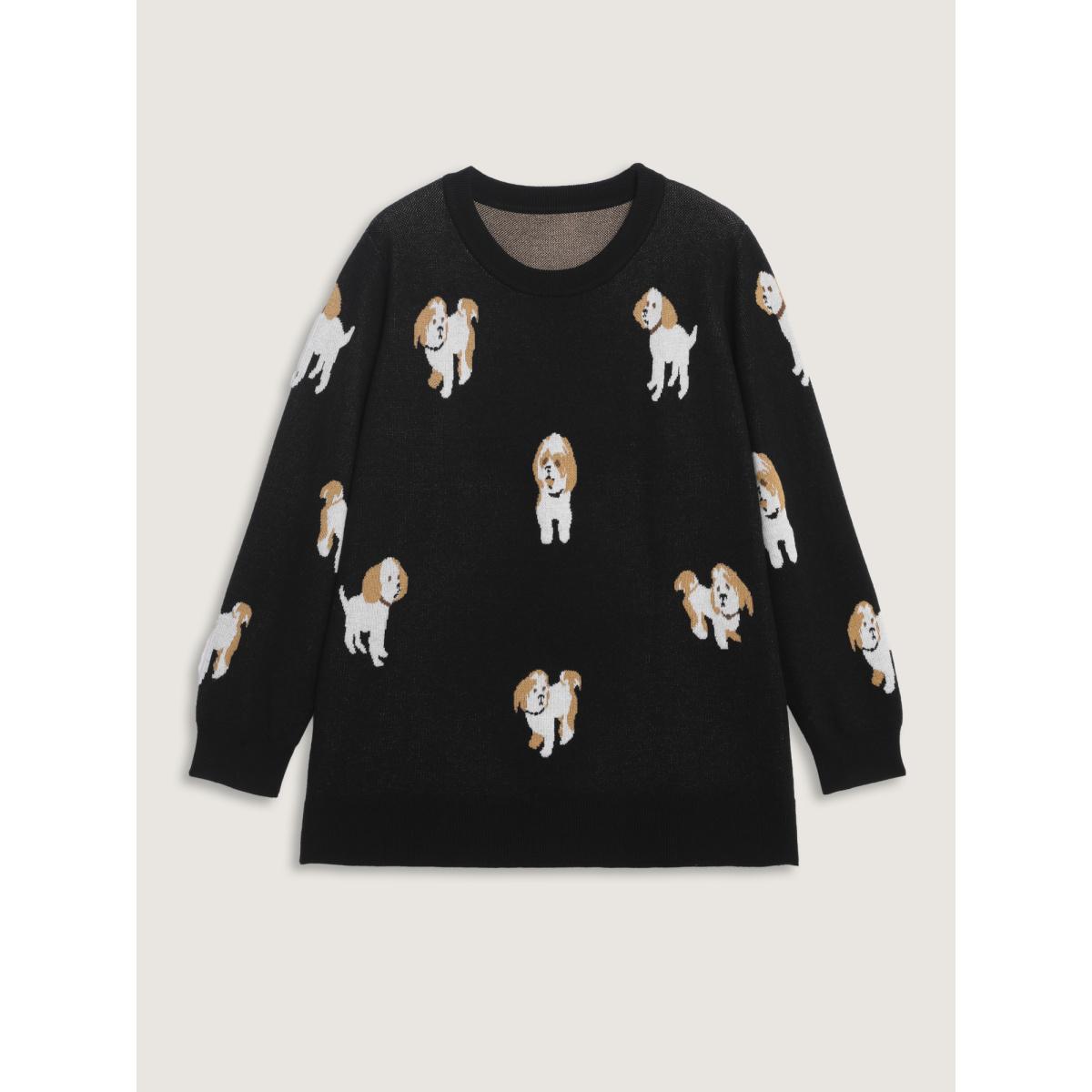 Plus Size Puppies Everywhere Round Neck Pullover Black Women Playful Loose Long Sleeve Round Neck Casual Pullovers BloomChic 12/L Product Image
