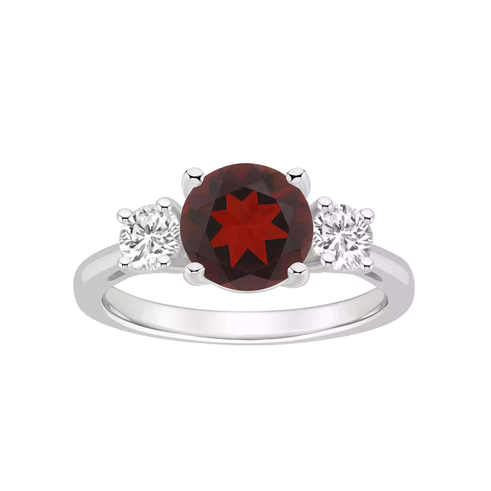 Alyson Layne Sterling Silver 8 mm Round Gemstone & White Topaz Three-Stone Ring, Women's, Size: 9, Red Product Image