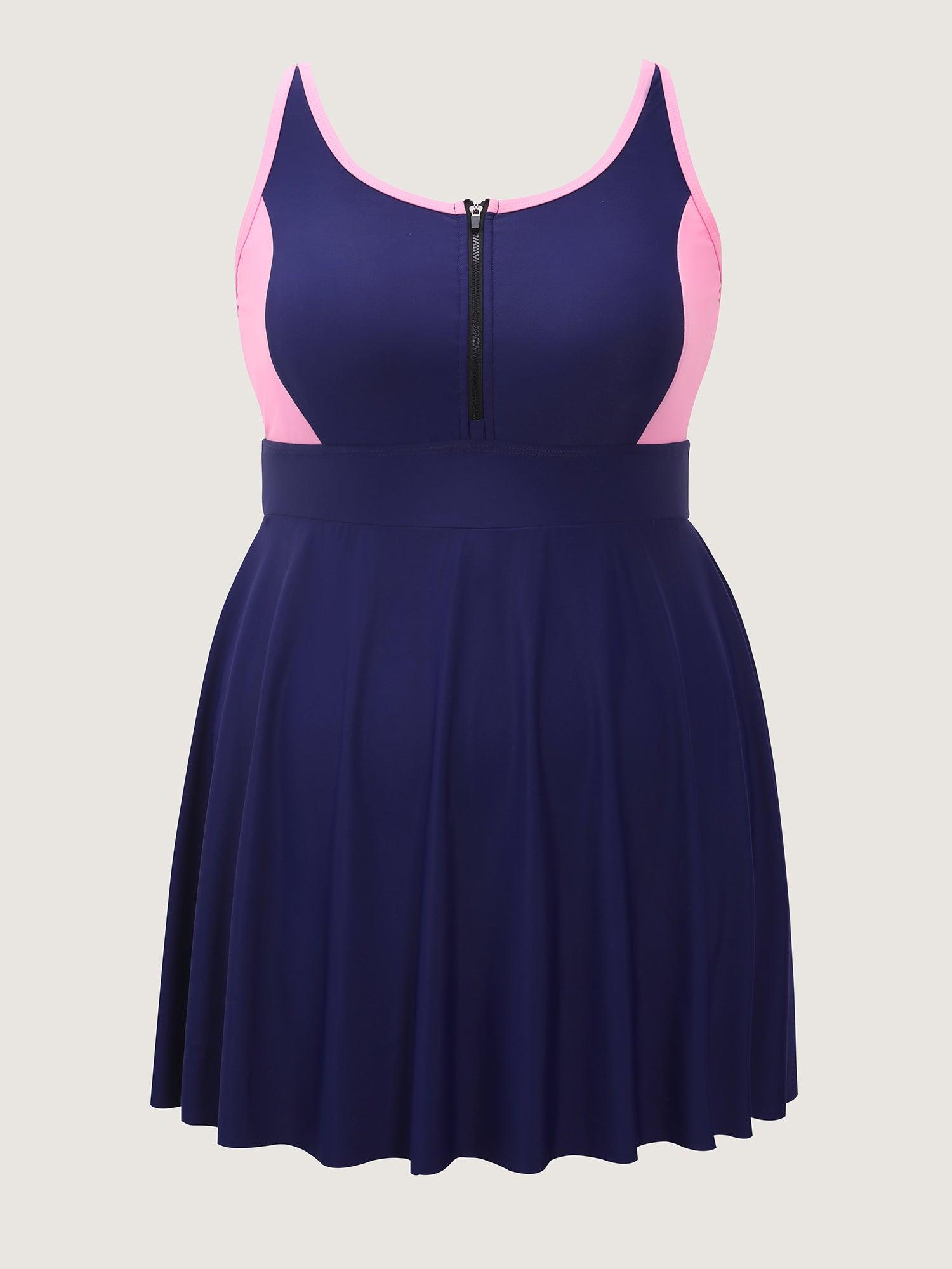 Colorblock Contrast Zipper Front Swim Dress Female Product Image