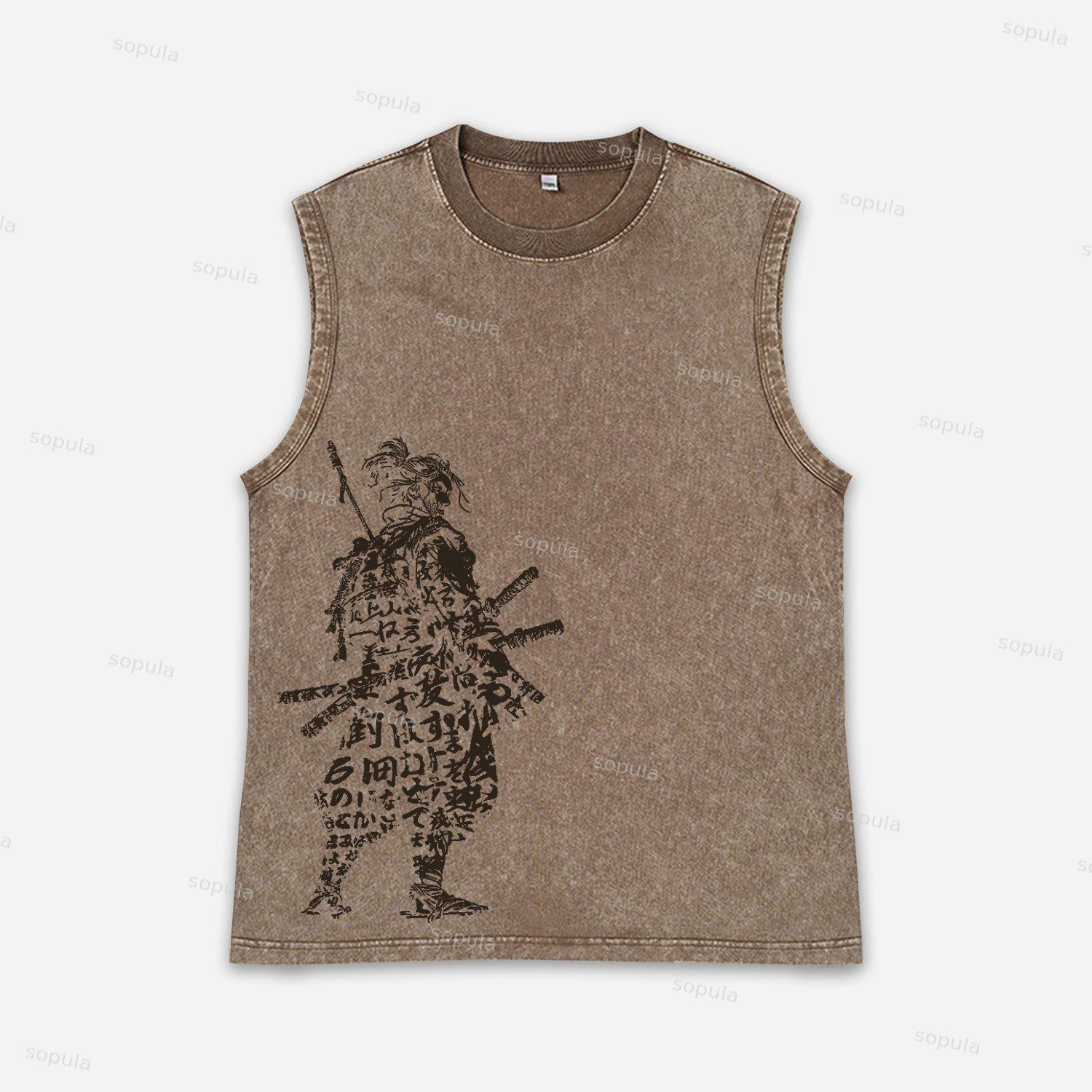 Vintage Japanese Bushido Samurai Art Graphic Acid Washed Tank Tops Product Image