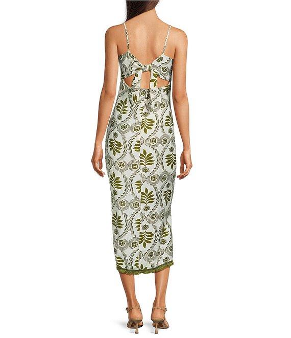 Adelyn Rae Denna Woven Tropical Palm Print V Neck Sleeveless Fringe Hem Slip Midi Dress Product Image