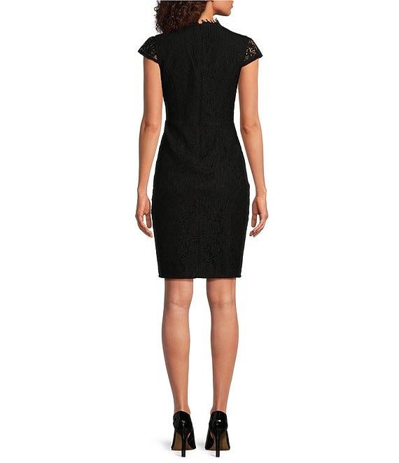 Vince Camuto Cap Sleeve Wrap Lace V-Neck Sheath Dress Product Image