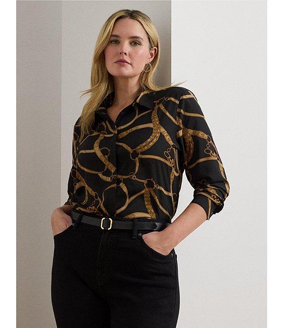 Lauren Ralph Lauren Plus Size Crepe de Chine Belting Print Point Collar Long Sleeve Button Front Shirt Product Image