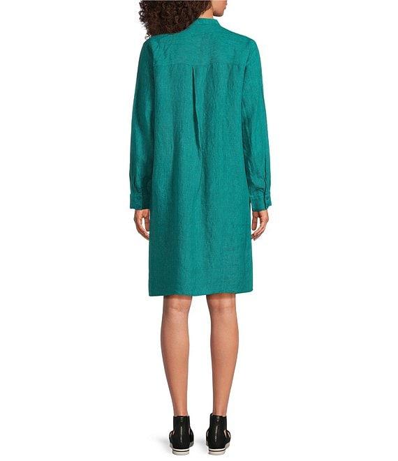 Eileen Fisher Organic Linen Mandarin Collar Long Sleeve Dress Product Image