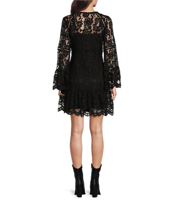 Scully Lace V-Neck Long Bell Sleeve Scalloped Hem A-Line Dress Product Image