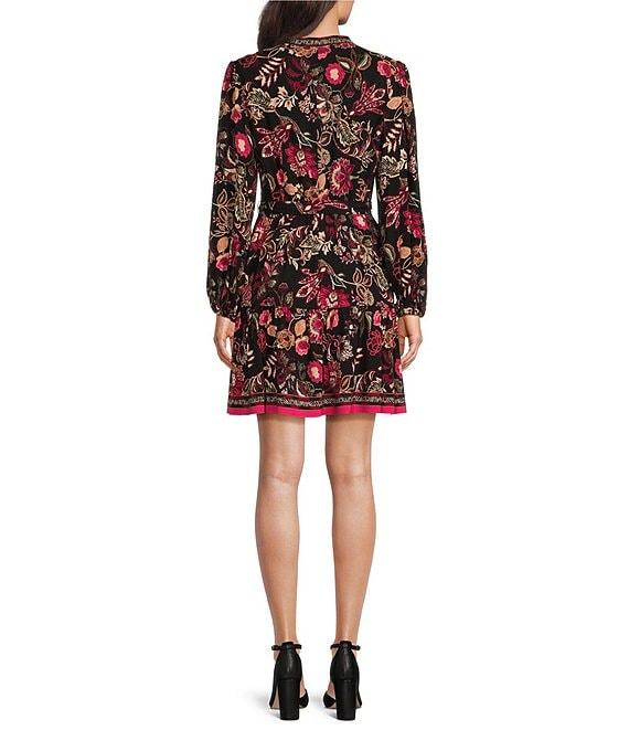 Adrianna by Adrianna Papell Printed Split V-Neck Long Blouson Sleeve Self Tie Belt A-Line Dress Product Image